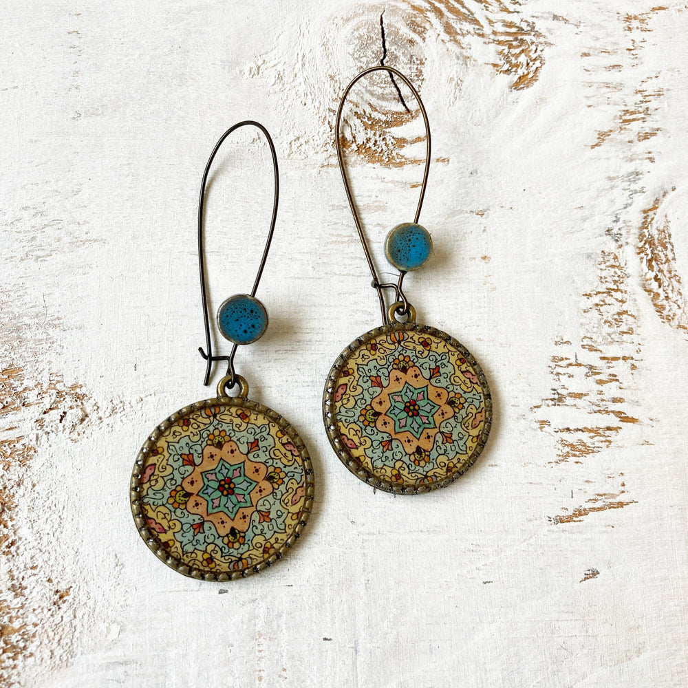 Hoop Earrings  with ceramic bead - Kashmiri Papier Mache - Blue Centre