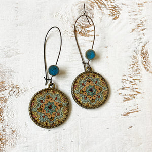 Hoop Earrings  with ceramic bead - Kashmiri Papier Mache - Blue Centre