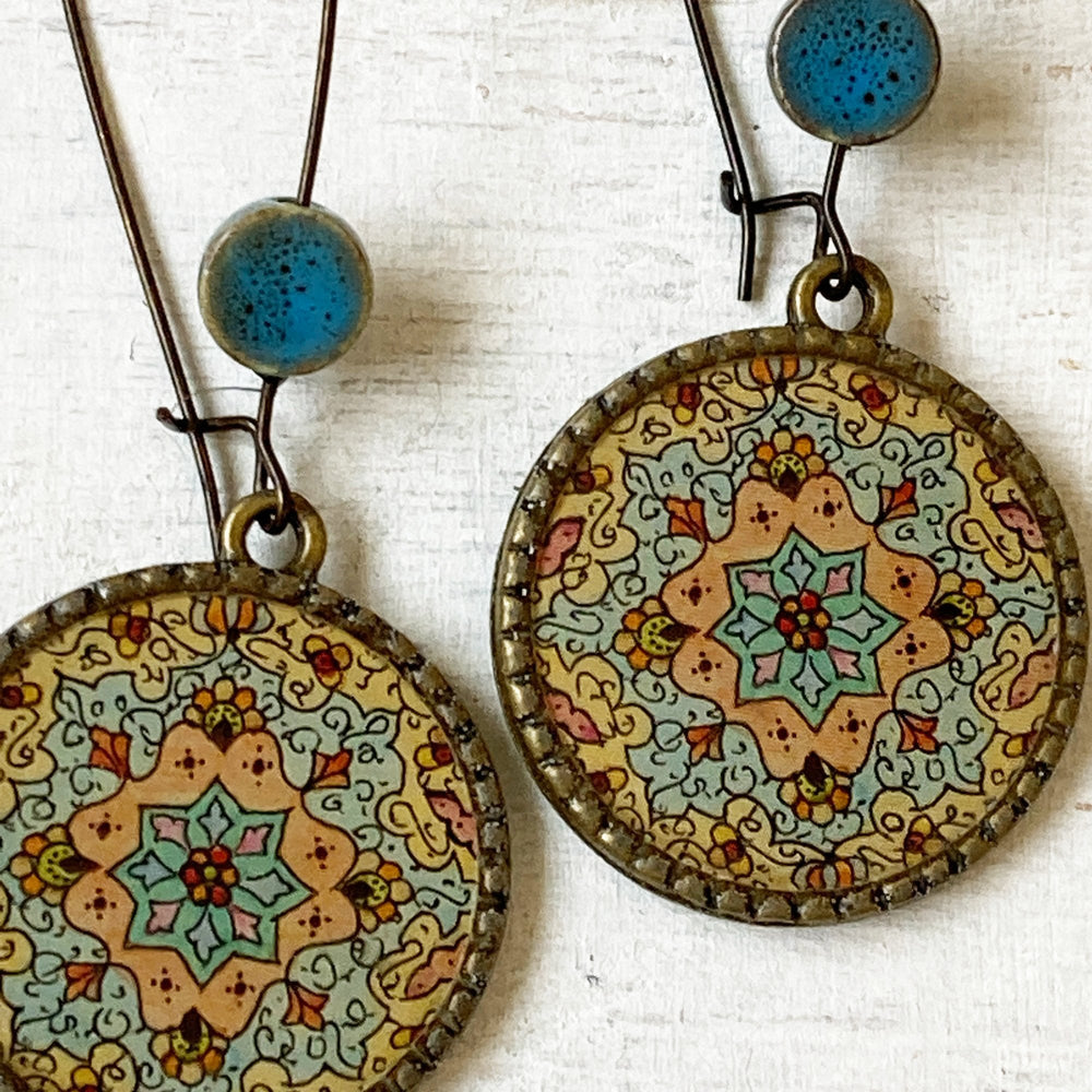 Hoop Earrings  with ceramic bead - Kashmiri Papier Mache - Blue Centre