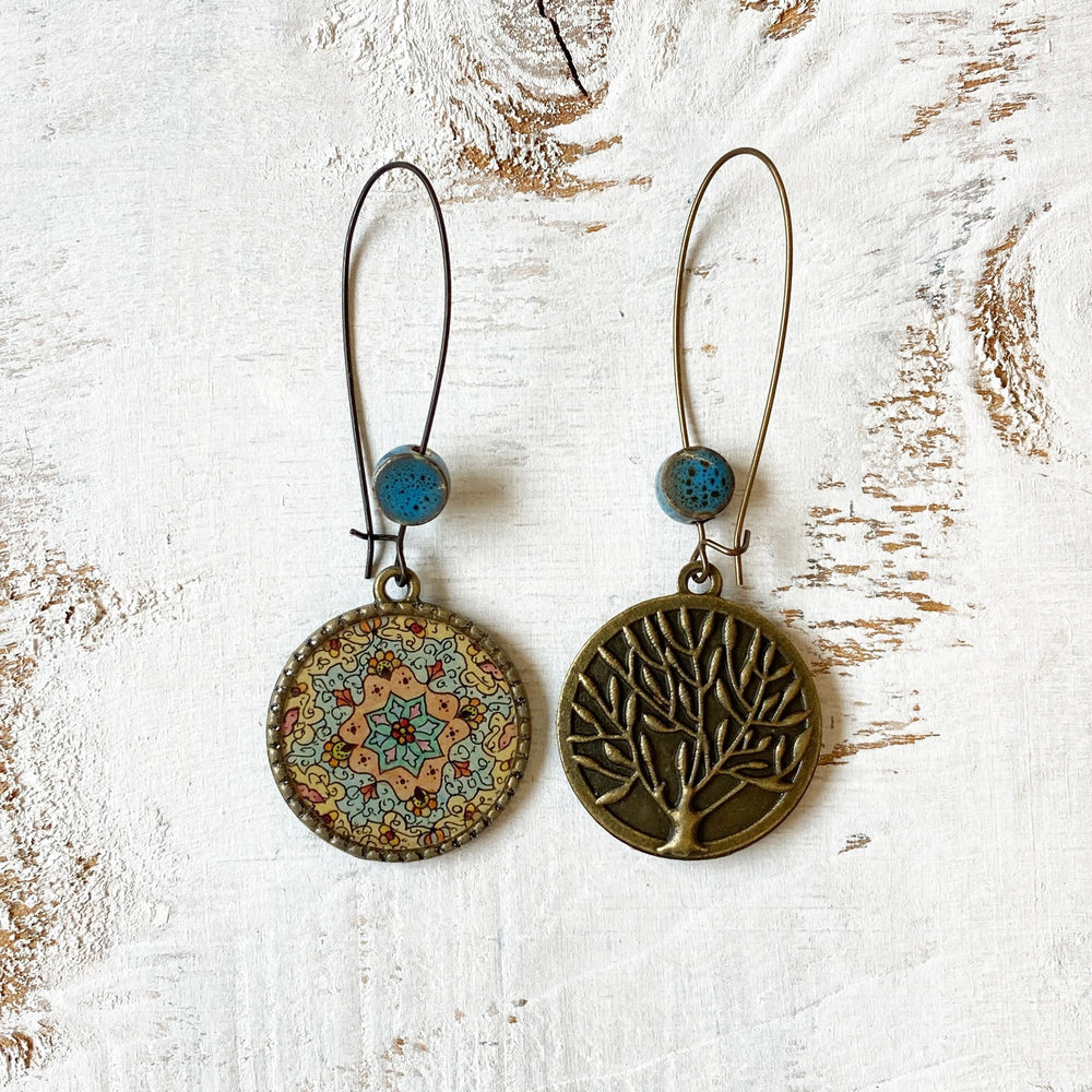 Hoop Earrings  with ceramic bead - Kashmiri Papier Mache - Blue Centre