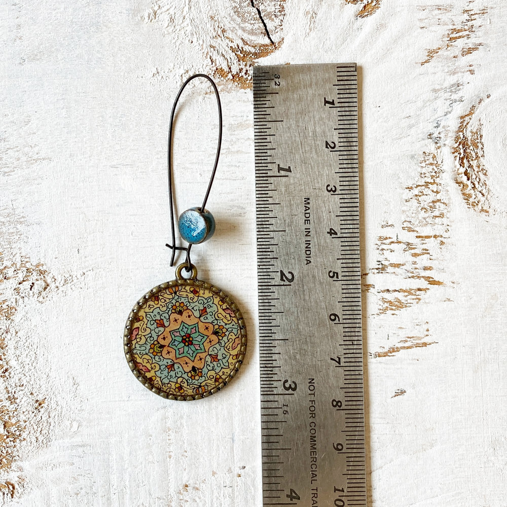 Hoop Earrings  with ceramic bead - Kashmiri Papier Mache - Blue Centre