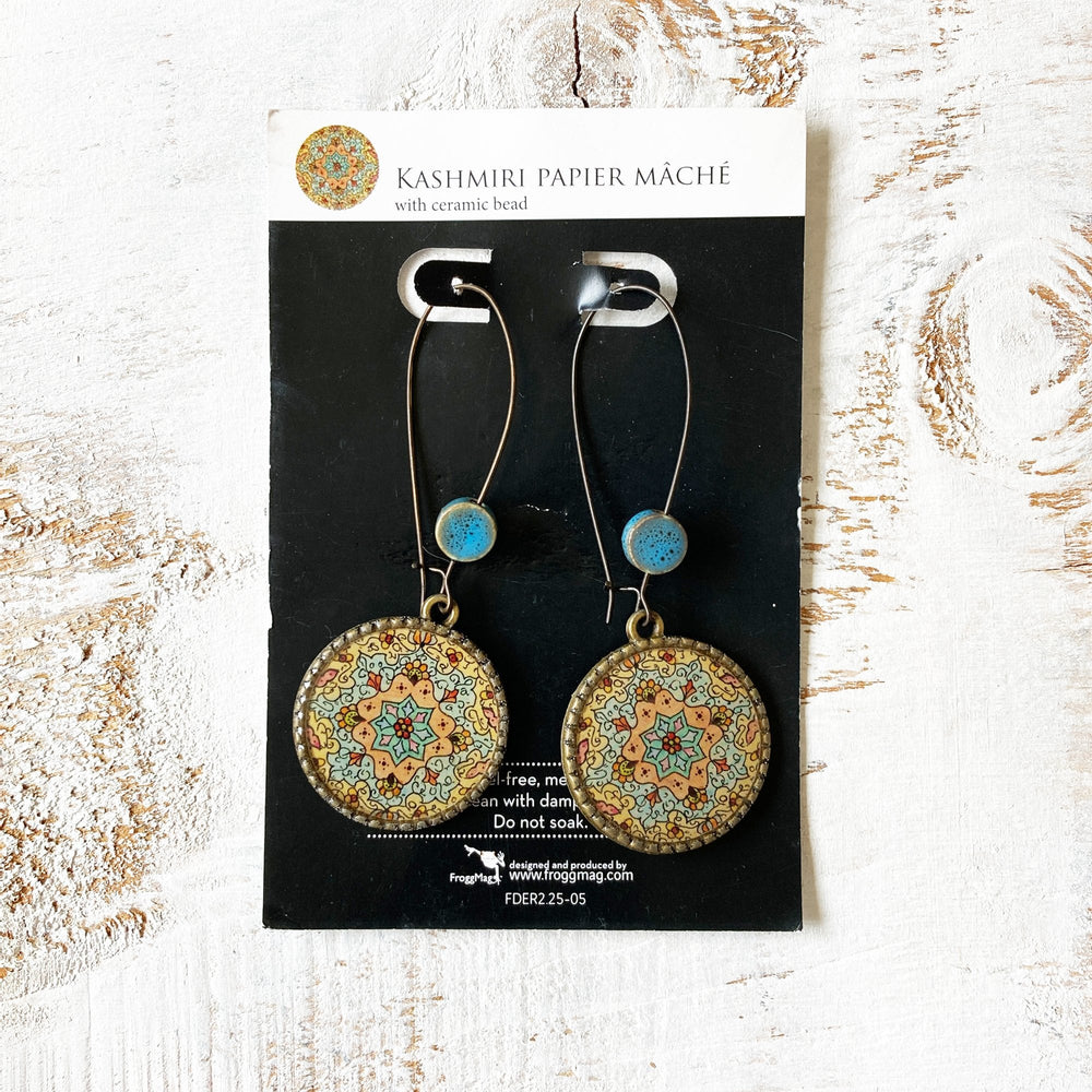 Hoop Earrings  with ceramic bead - Kashmiri Papier Mache - Blue Centre