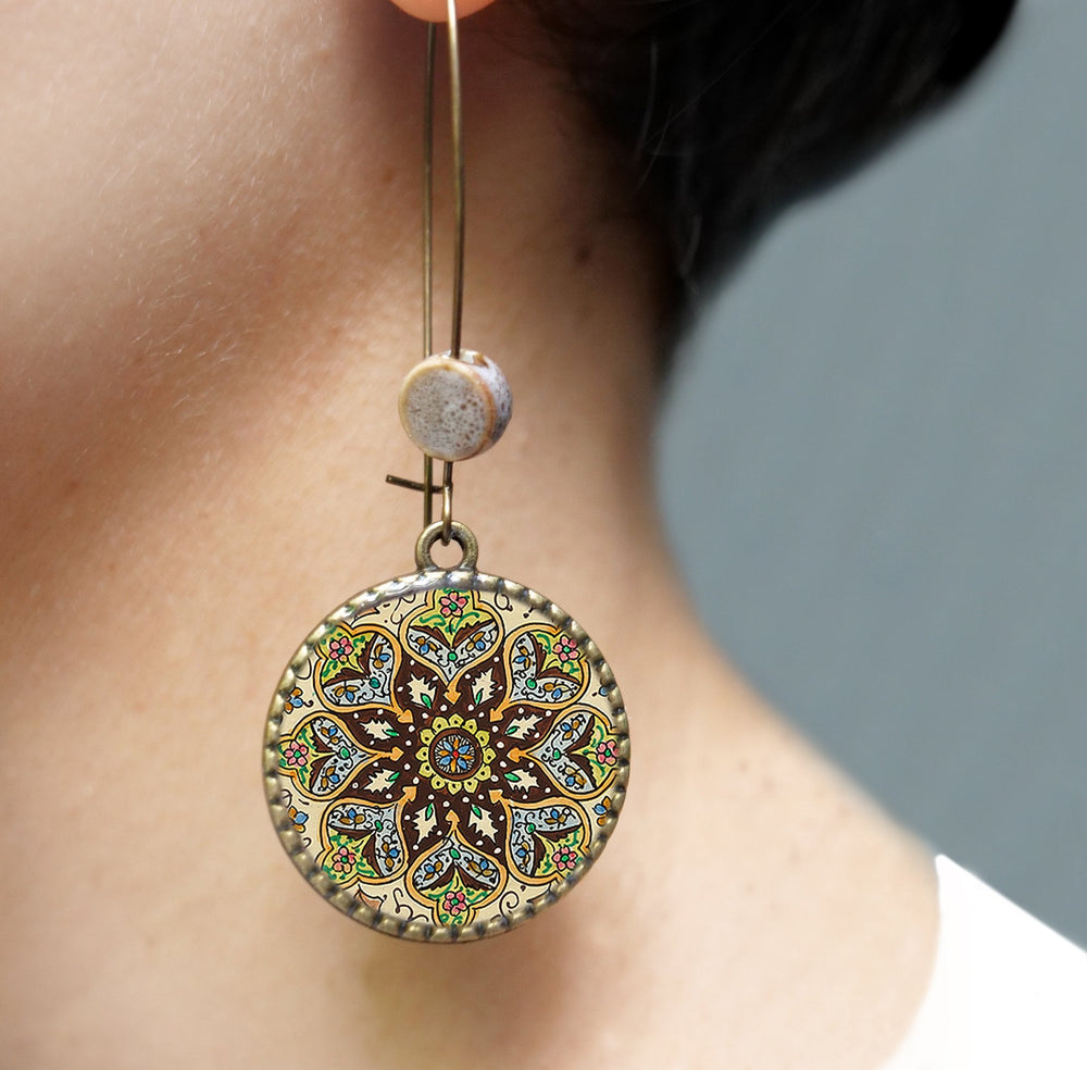 Hoop Earrings  with ceramic bead - Kashmiri- Papier Mâché