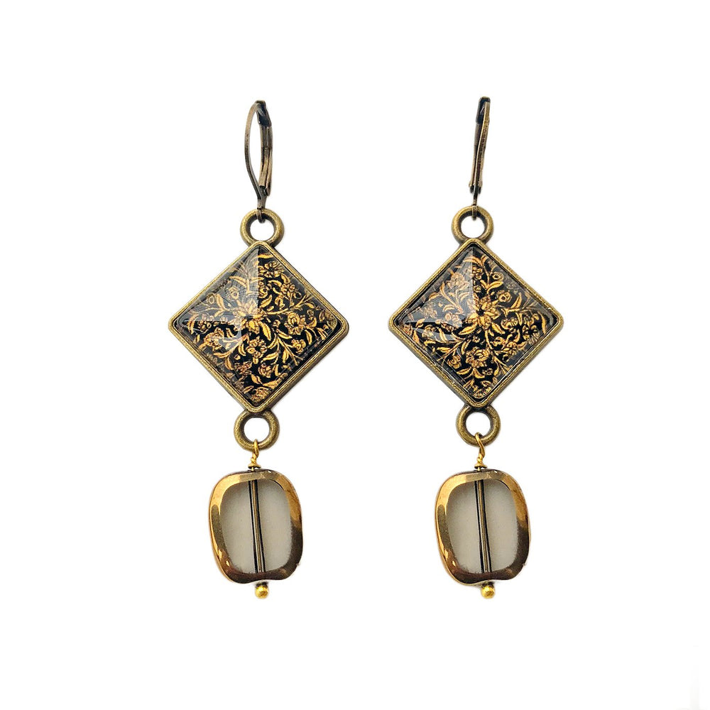 Hanging Earrings with Bead - Gold Leaf, Painted Medallion Kashmir