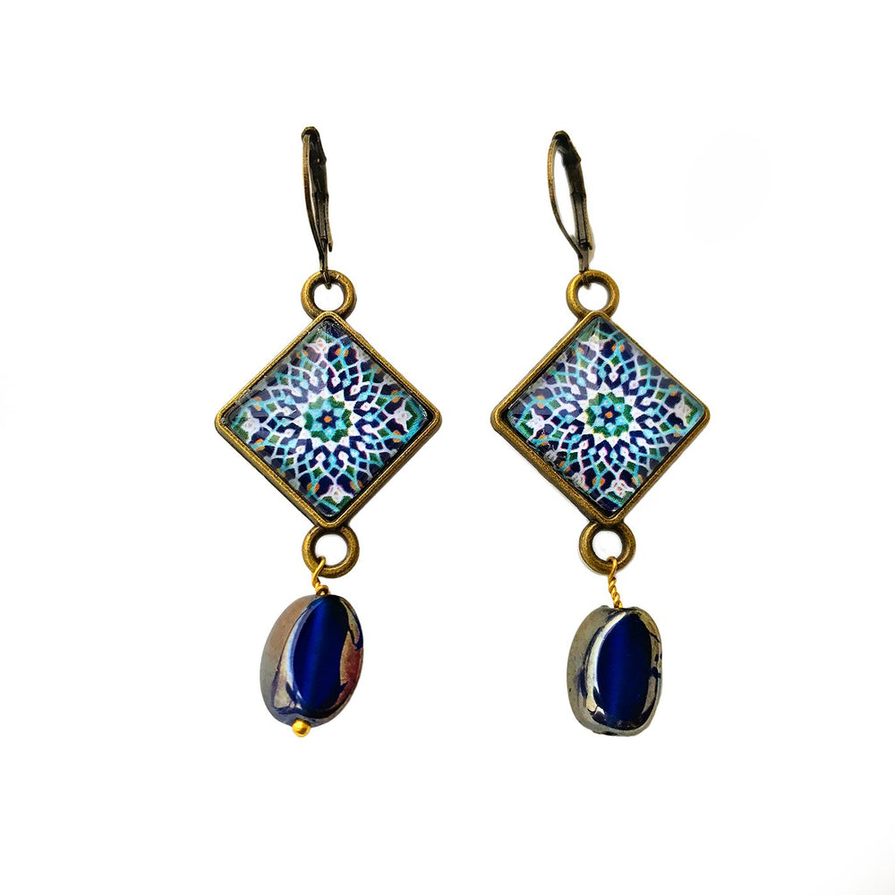 Hanging Earrings with Bead - Mosaic Islamic Pattern Blue