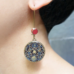 Hoop Earrings  with ceramic bead - Ajrakh, Block Print, Rajasthan