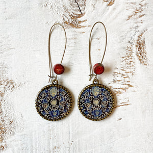 Hoop Earrings  with ceramic bead - Ajrakh, Block Print, Rajasthan