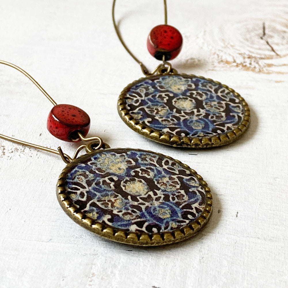 Hoop Earrings  with ceramic bead - Ajrakh, Block Print, Rajasthan