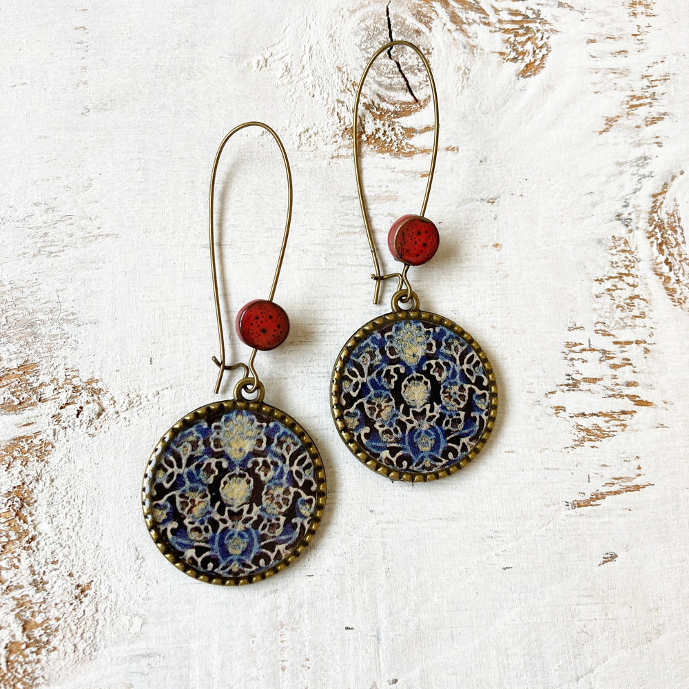 Hoop Earrings  with ceramic bead - Ajrakh, Block Print, Rajasthan