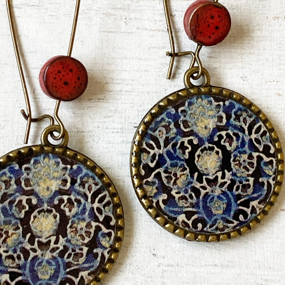 Hoop Earrings  with ceramic bead - Ajrakh, Block Print, Rajasthan