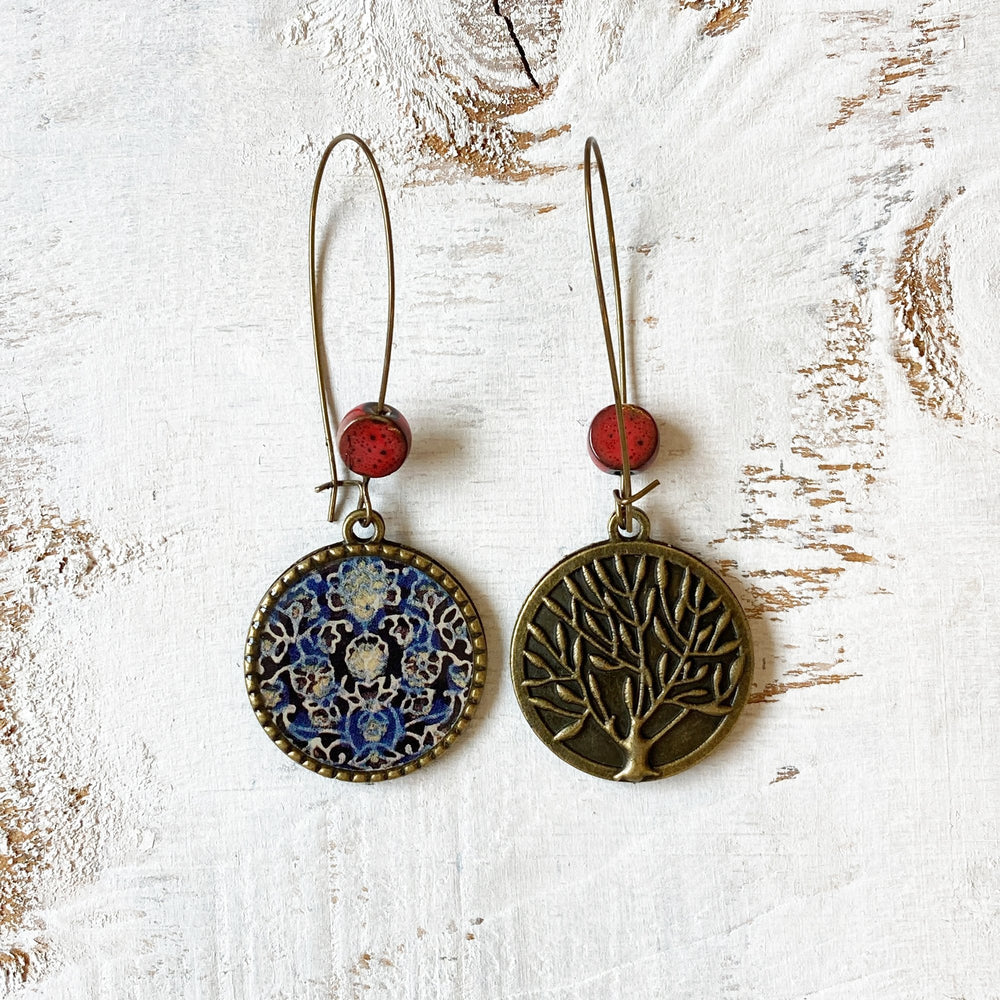 Hoop Earrings  with ceramic bead - Ajrakh, Block Print, Rajasthan