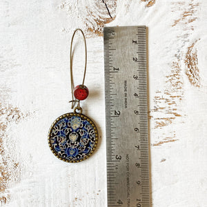 Hoop Earrings  with ceramic bead - Ajrakh, Block Print, Rajasthan