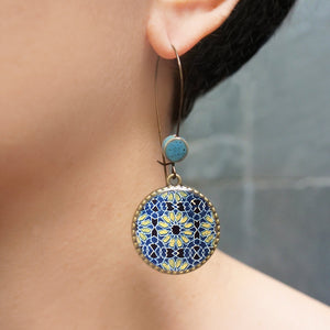 Hoop Earrings  with ceramic bead - Ajrakh, Block Print