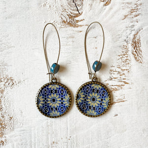 Hoop Earrings  with ceramic bead - Ajrakh, Block Print