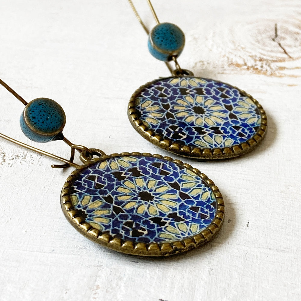 Hoop Earrings  with ceramic bead - Ajrakh, Block Print