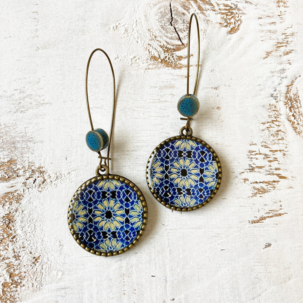 Hoop Earrings  with ceramic bead - Ajrakh, Block Print