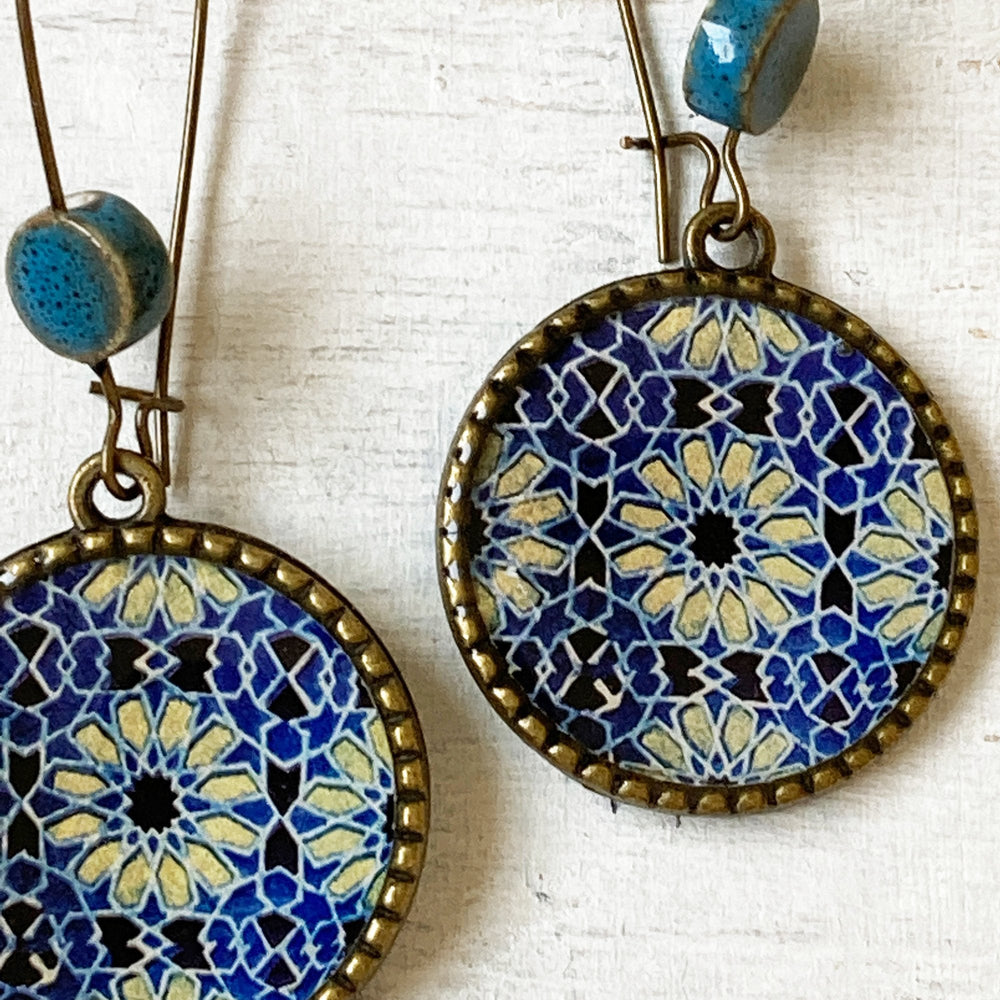 Hoop Earrings  with ceramic bead - Ajrakh, Block Print