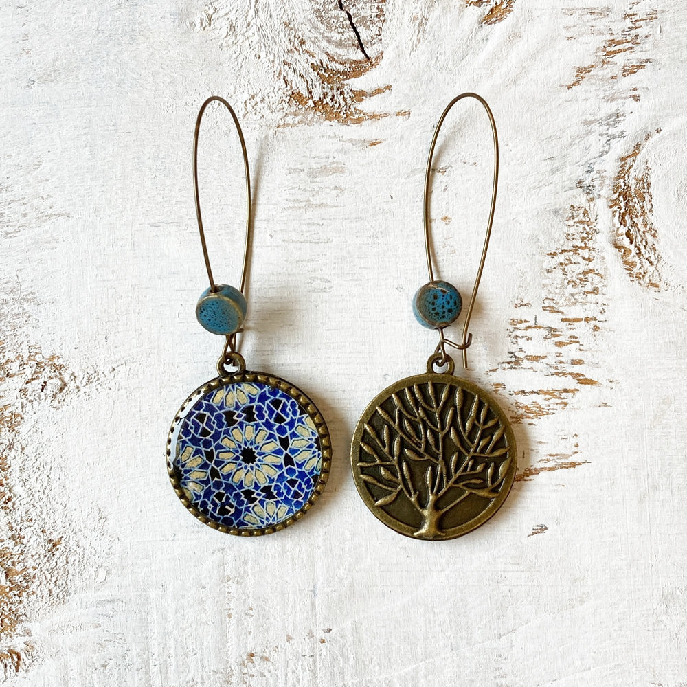 Hoop Earrings  with ceramic bead - Ajrakh, Block Print