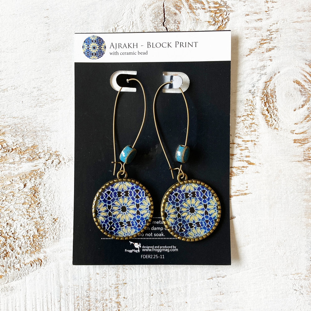 Hoop Earrings  with ceramic bead - Ajrakh, Block Print