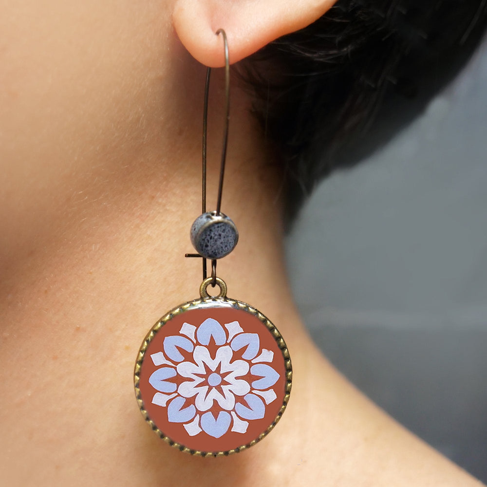 Hoop Earrings  with ceramic bead - City Palace - Jaipur Painted medallion