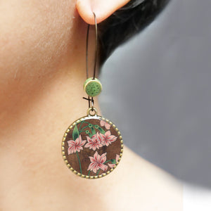 Hoop Earrings  with ceramic bead - Flowers, Rajasthani Miniature