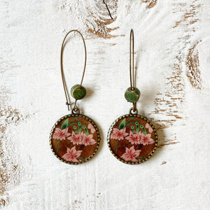 Hoop Earrings  with ceramic bead - Flowers, Rajasthani Miniature