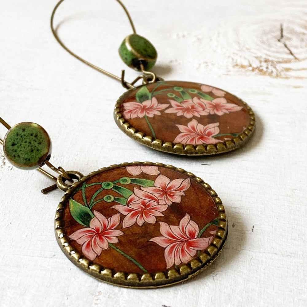 Hoop Earrings  with ceramic bead - Flowers, Rajasthani Miniature