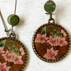 Hoop Earrings  with ceramic bead - Flowers, Rajasthani Miniature