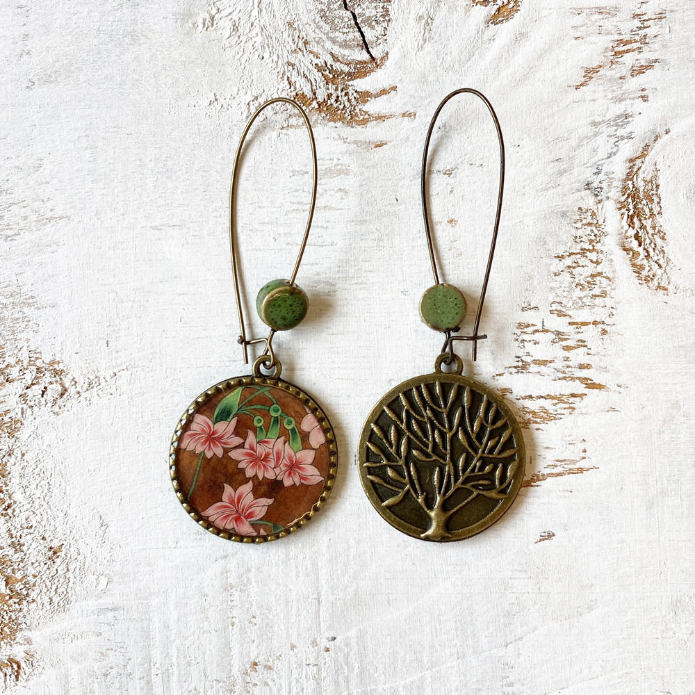 Hoop Earrings  with ceramic bead - Flowers, Rajasthani Miniature