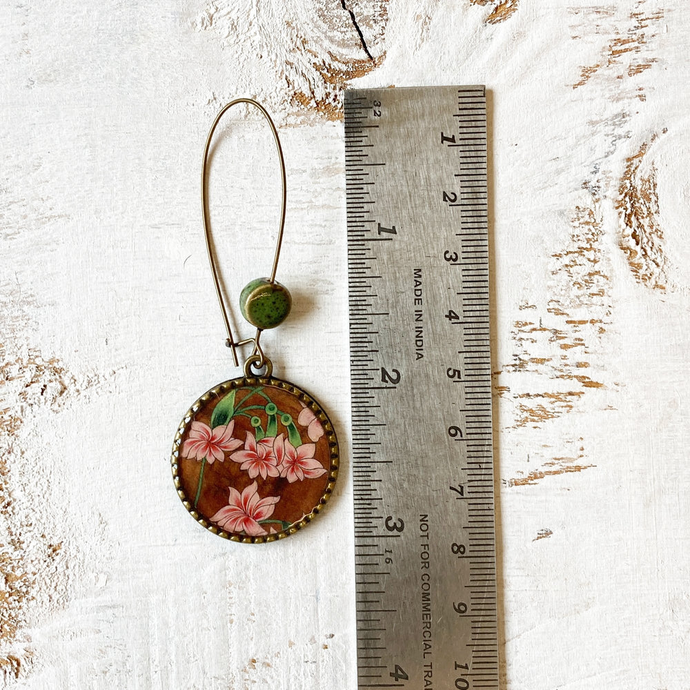 Hoop Earrings  with ceramic bead - Flowers, Rajasthani Miniature