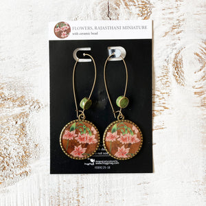 Hoop Earrings  with ceramic bead - Flowers, Rajasthani Miniature