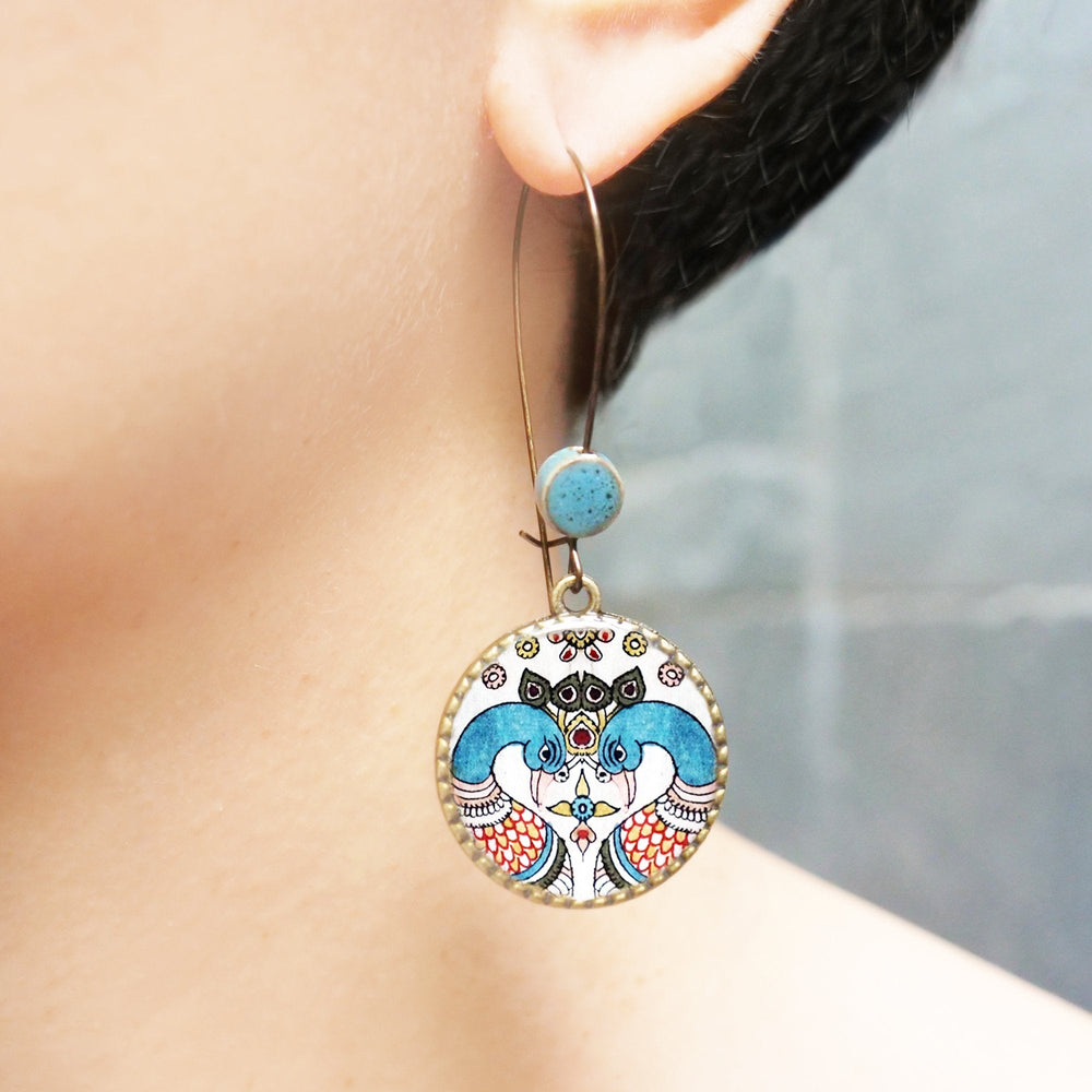 Hoop Earrings  with ceramic bead - Kalamkari Peacock, Andhra Pradesh