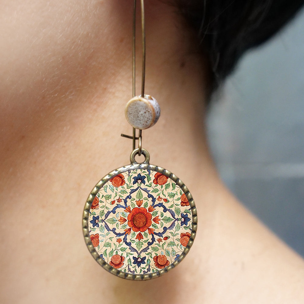 Hoop Earrings  with ceramic bead - Mural, King's Quarters, Amer Fort, Jaipur