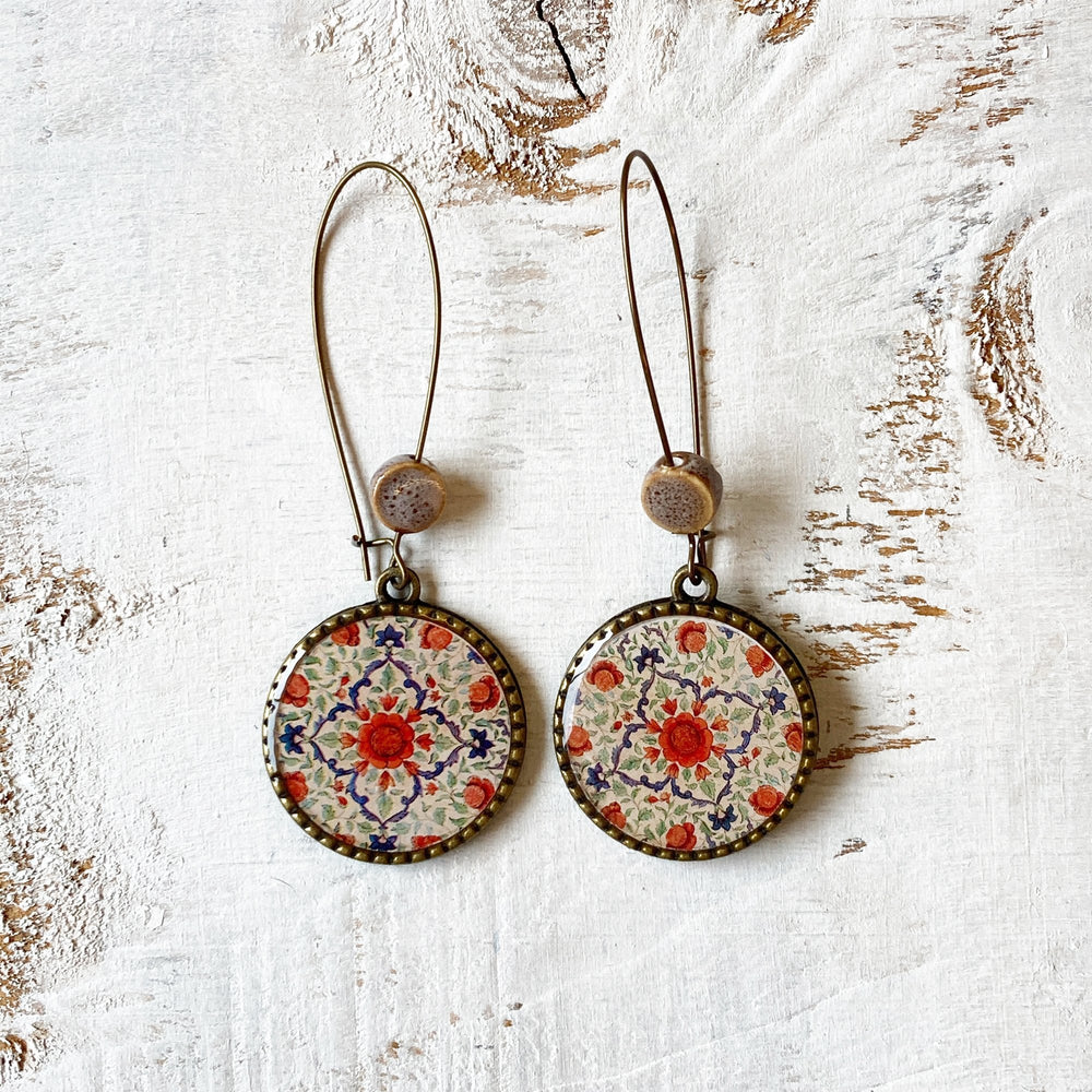 Hoop Earrings  with ceramic bead - Mural, King's Quarters, Amer Fort, Jaipur