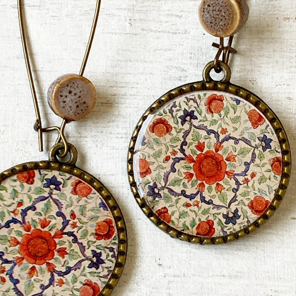 Hoop Earrings  with ceramic bead - Mural, King's Quarters, Amer Fort, Jaipur