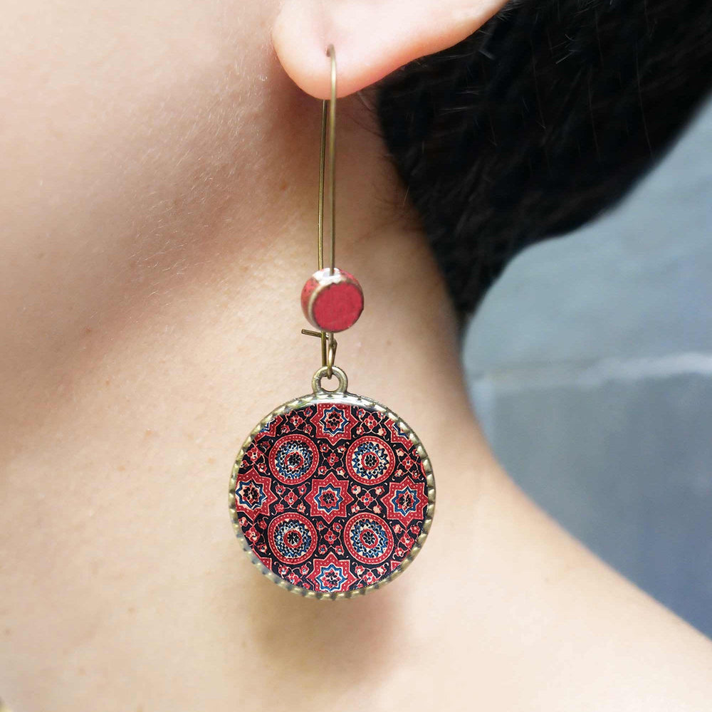 Hoop Earrings  with ceramic bead - Ajrakh, Block Print, Red, Gujarat