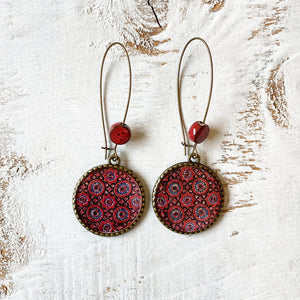 Hoop Earrings  with ceramic bead - Ajrakh, Block Print, Red, Gujarat