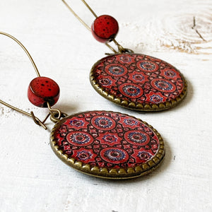 Hoop Earrings  with ceramic bead - Ajrakh, Block Print, Red, Gujarat