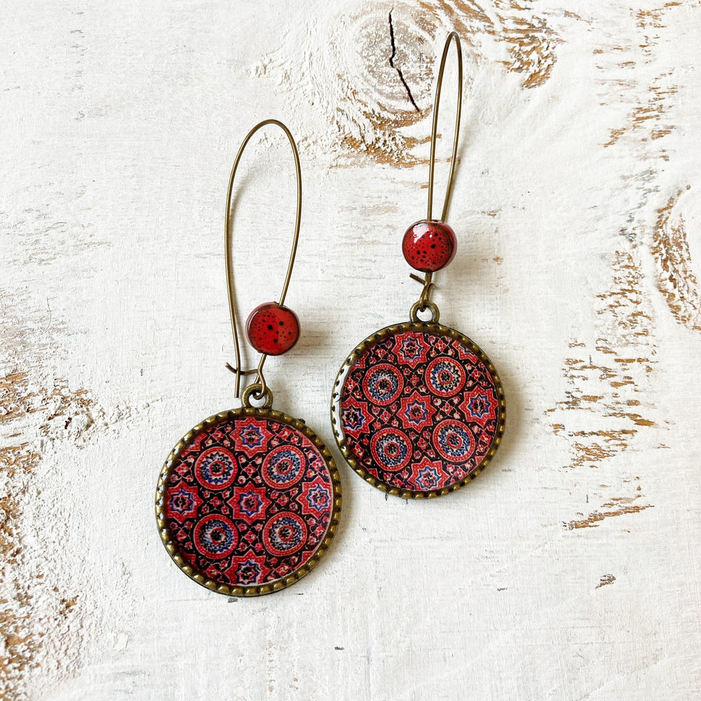 Hoop Earrings  with ceramic bead - Ajrakh, Block Print, Red, Gujarat