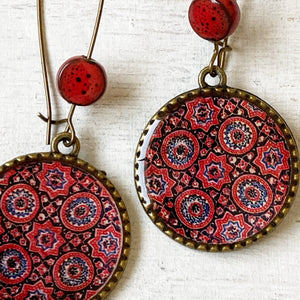 Hoop Earrings  with ceramic bead - Ajrakh, Block Print, Red, Gujarat