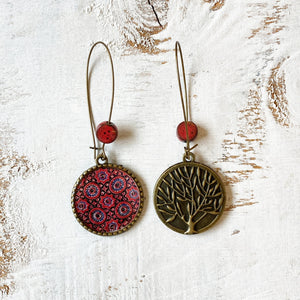 Hoop Earrings  with ceramic bead - Ajrakh, Block Print, Red, Gujarat