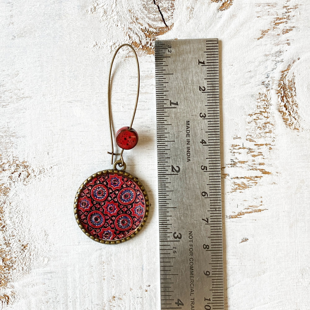 Hoop Earrings  with ceramic bead - Ajrakh, Block Print, Red, Gujarat