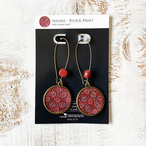 Hoop Earrings  with ceramic bead - Ajrakh, Block Print, Red, Gujarat