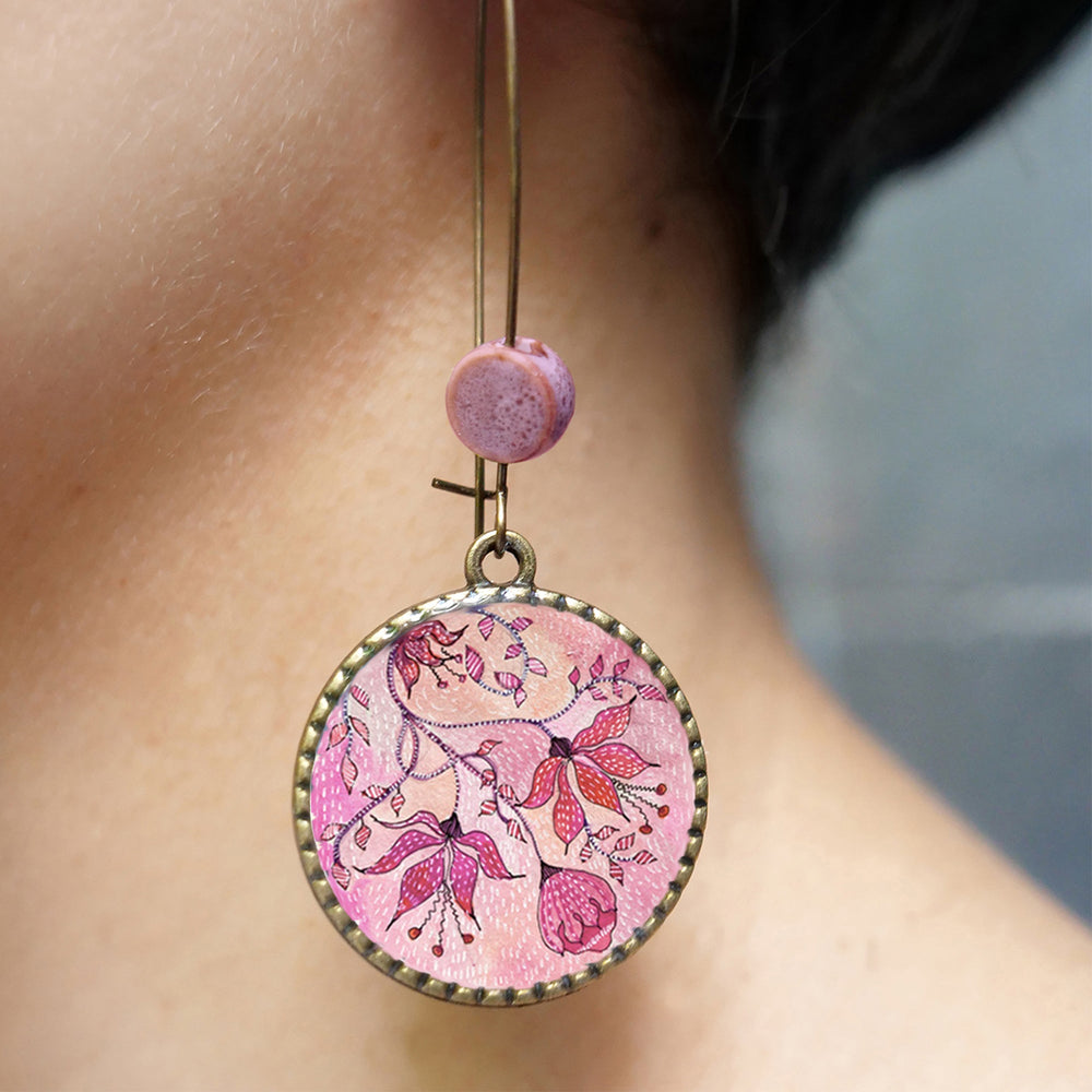 Hoop Earrings with ceramic bead - Pink Magnolia, Painted Flowers