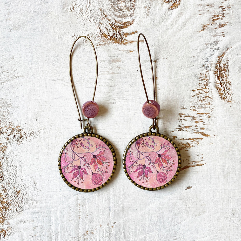 Hoop Earrings with ceramic bead - Pink Magnolia, Painted Flowers