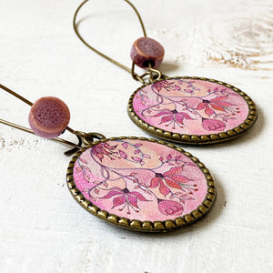 Hoop Earrings with ceramic bead - Pink Magnolia, Painted Flowers