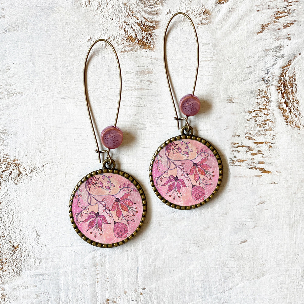 Hoop Earrings with ceramic bead - Pink Magnolia, Painted Flowers