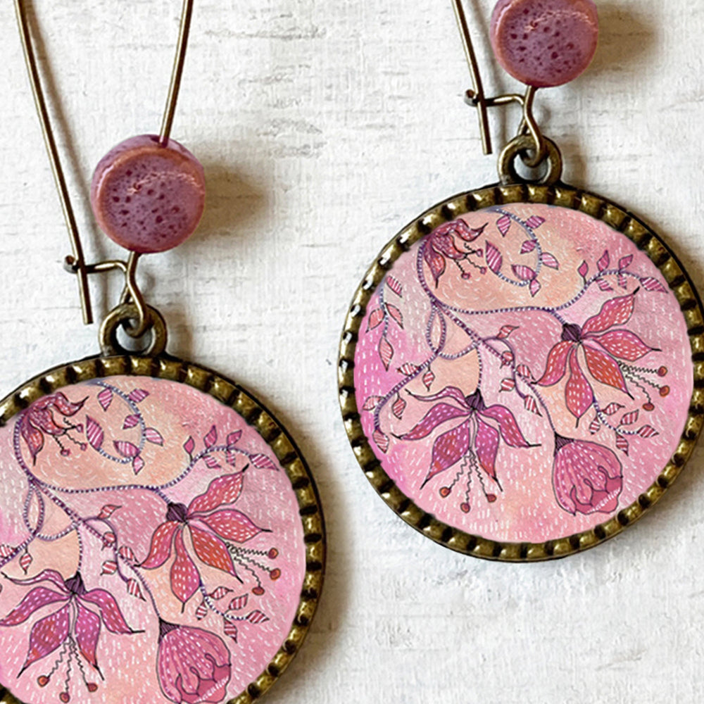 Hoop Earrings with ceramic bead - Pink Magnolia, Painted Flowers