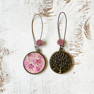 Hoop Earrings with ceramic bead - Pink Magnolia, Painted Flowers