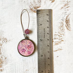 Hoop Earrings with ceramic bead - Pink Magnolia, Painted Flowers